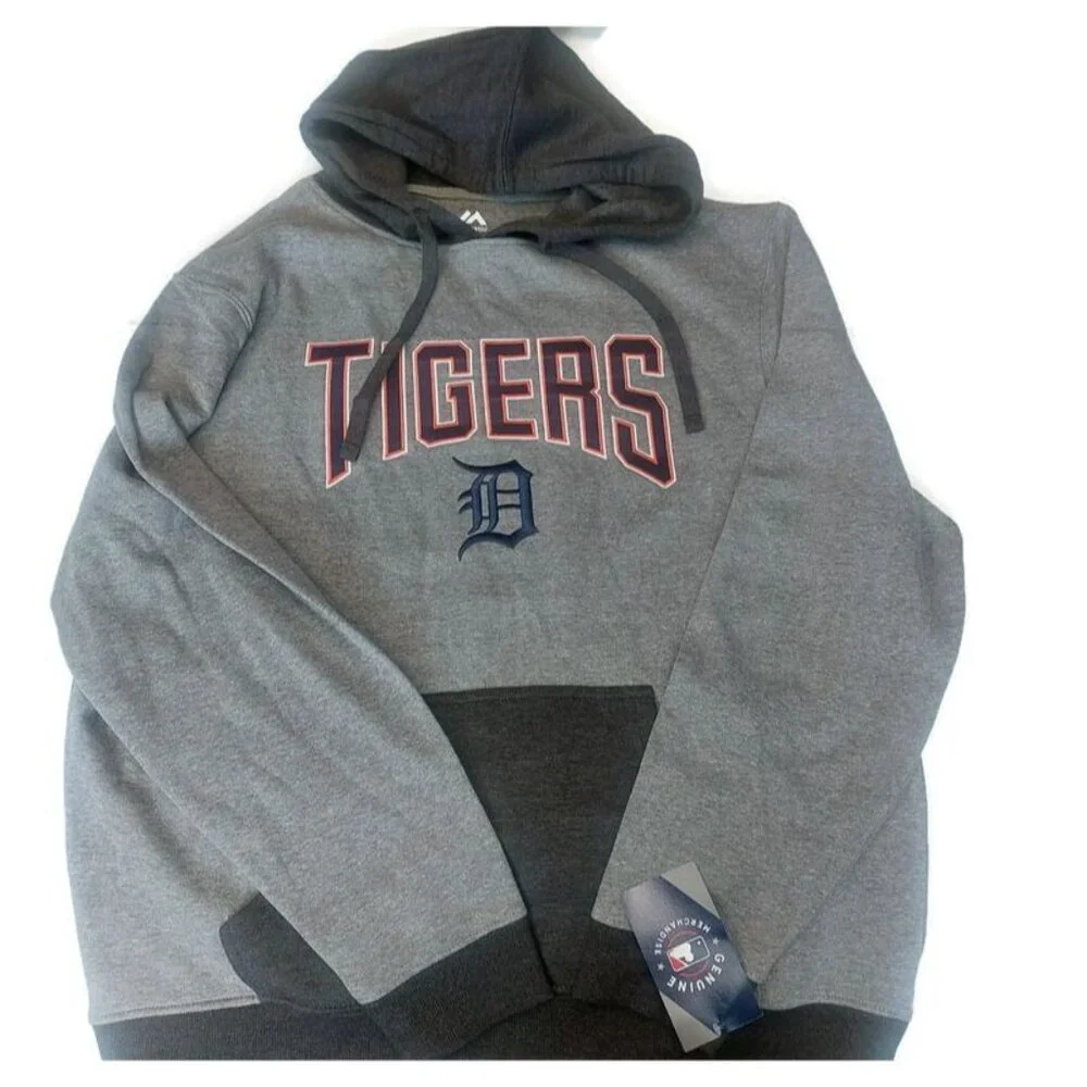 Detroit Tigers Mens Large Hoodie Sweatshirt Long Sleeve 2 Tone Gray Majestic - Picture 1 of 4